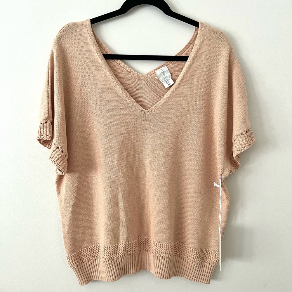 Joie Women's Cotton Peach Pink V-Neck Short Bat Sleeves Knit Sweater Size US XL